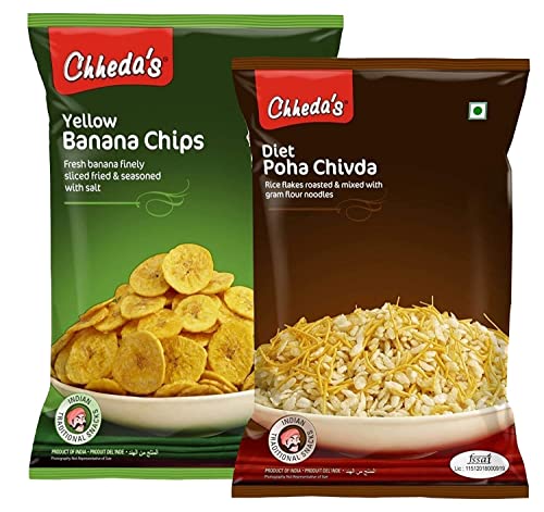 Image of Chheda's - Yellow Banana Chips (350Gm) and Diet Poha Chivda (300 Gm) | Banana Wafers | Indian Namkeen | Tasty Snacks - Combo Pack