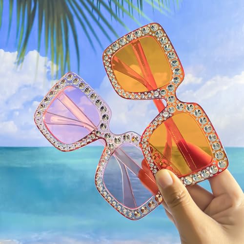 Pibupibu 12/24 Pack Fun Oversized Square Crystal Sunglasses for Women Bulk, Disco Rhinestone Sparkling Glasses Party Favors3