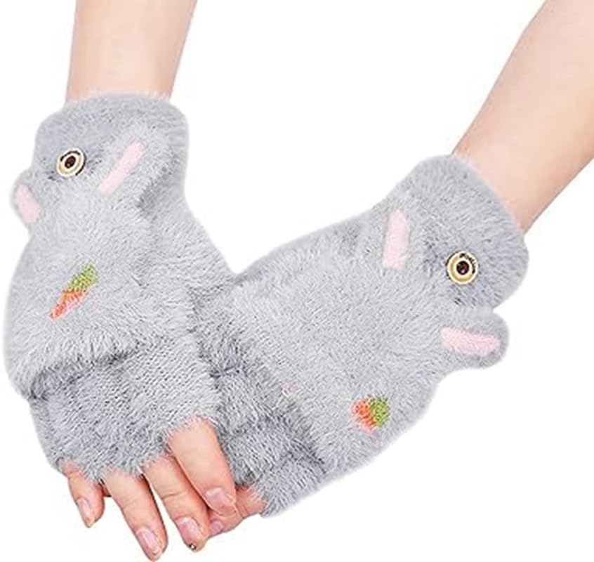 Half Finger Winter Gloves for Women and Men Soft Plush Angora Wool Knitted Mitten Short Glove Girls Boys Woolen Fingerless Warm Winter Hand Gloves (Light Grey)-image-47