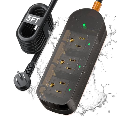 Power Strip Weatherproof, Transparent Surge Protector with 3 Wide Outlets, 1625W/13A,5FT Flat Plug Multi-Plug Outdoor Extension Cord for Indoor Outdoor, UL FCC Listed