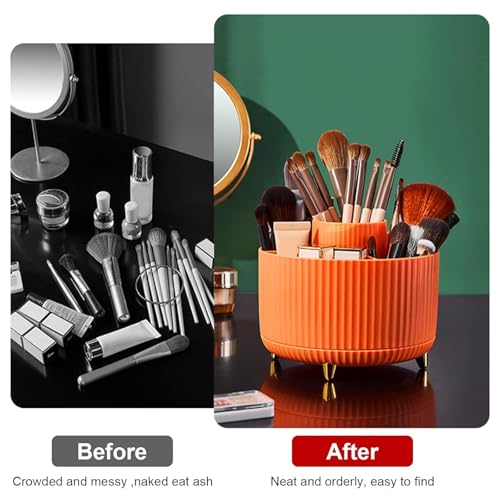 Image of Diesisa 360 Rotating Makeup Brush Organizer With 5 Sections, Spining Countertop Swivel Makeup Brush Holder for Cosmetics, Nail Polish, Art Supply, Bathroom Vanity Desktop Organizer - Orange