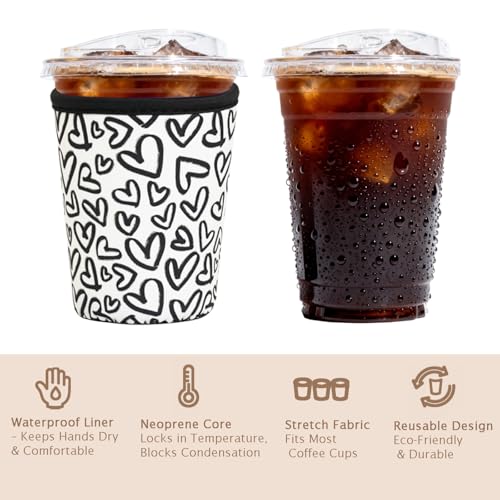 Image of Reusable Insulated Sleeve for Iced Coffee Cup, 3-Pack Coffee Neoprene Drink Sleeve for Cold & Hot Drinks, Beverage Holder for Iced Coffee (Ink Hearts)
