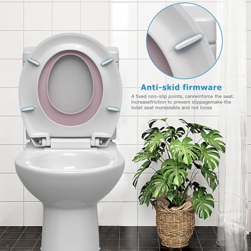 Round Toilet Seat with Built in Potty Training Seat, Potty Training Toilet Seat for Toddlers, Magnetic Kids Seat and Cover, Slow Close and Never Loosen, Fits both Adult and Child, Pink Round