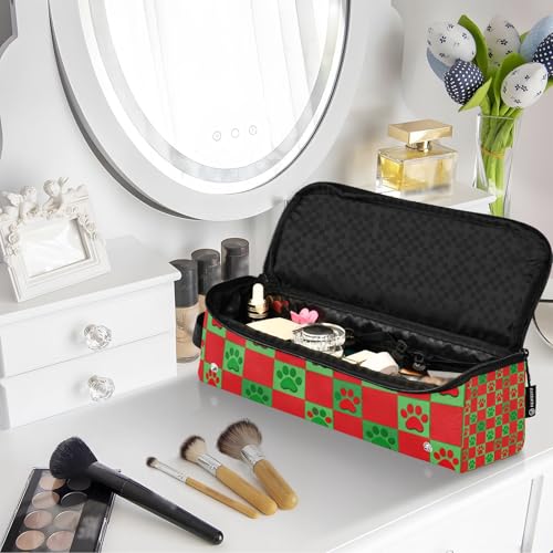 Bolsa de viaje y tapete resistente al calor para planchas y rizadores de cabello, con diseño de cuadros rojos y verdes con huellas de perro miniatura 7