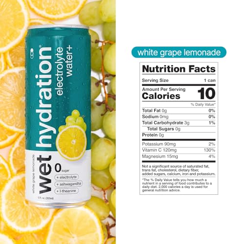 Image of Wet Hydration Wellness Water | Electrolyte Drink with Ashwagandha & L-Theanine - White Grape Lemonade (12oz Cans, Pack of 12) | Zero Sugar, 10 Calories, Zero Bubbles, Functional Hydration