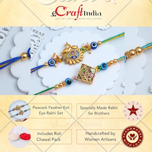 Image of eCraftIndia Peacock Feather Evil Eye Rakhi Set of 2 | Rakhi for Brother Bhaiya Bhai with Best Bro Ever Fridge Magnet | Roli Chawal Pack