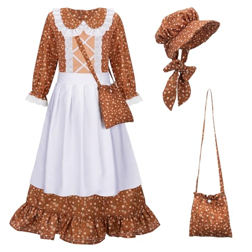 MELAND Victorian Costume Girl, World Book Day Fancy Dress with Apron and Bonnet for Girls Aged 5-13