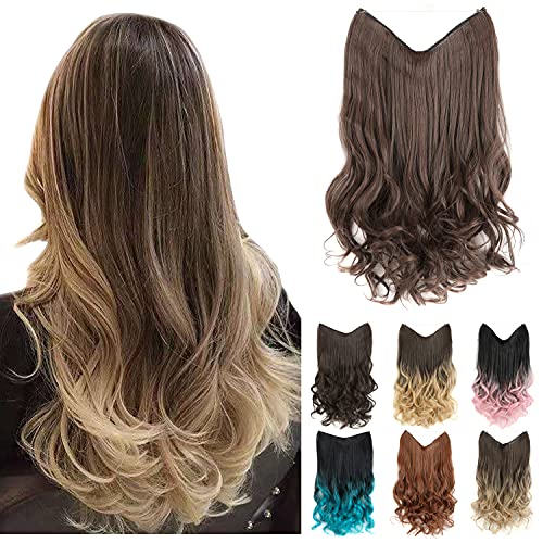 GIRLSHOW Hair Extensions with Invisible Wire Transparent Headband Synthetic 20 Inch 4.4 Oz Wavy Curly Adjustable Size No Clip Hairpieces for Women (Light Brown & Light Auburn Mixed -#110, 20 Inch)