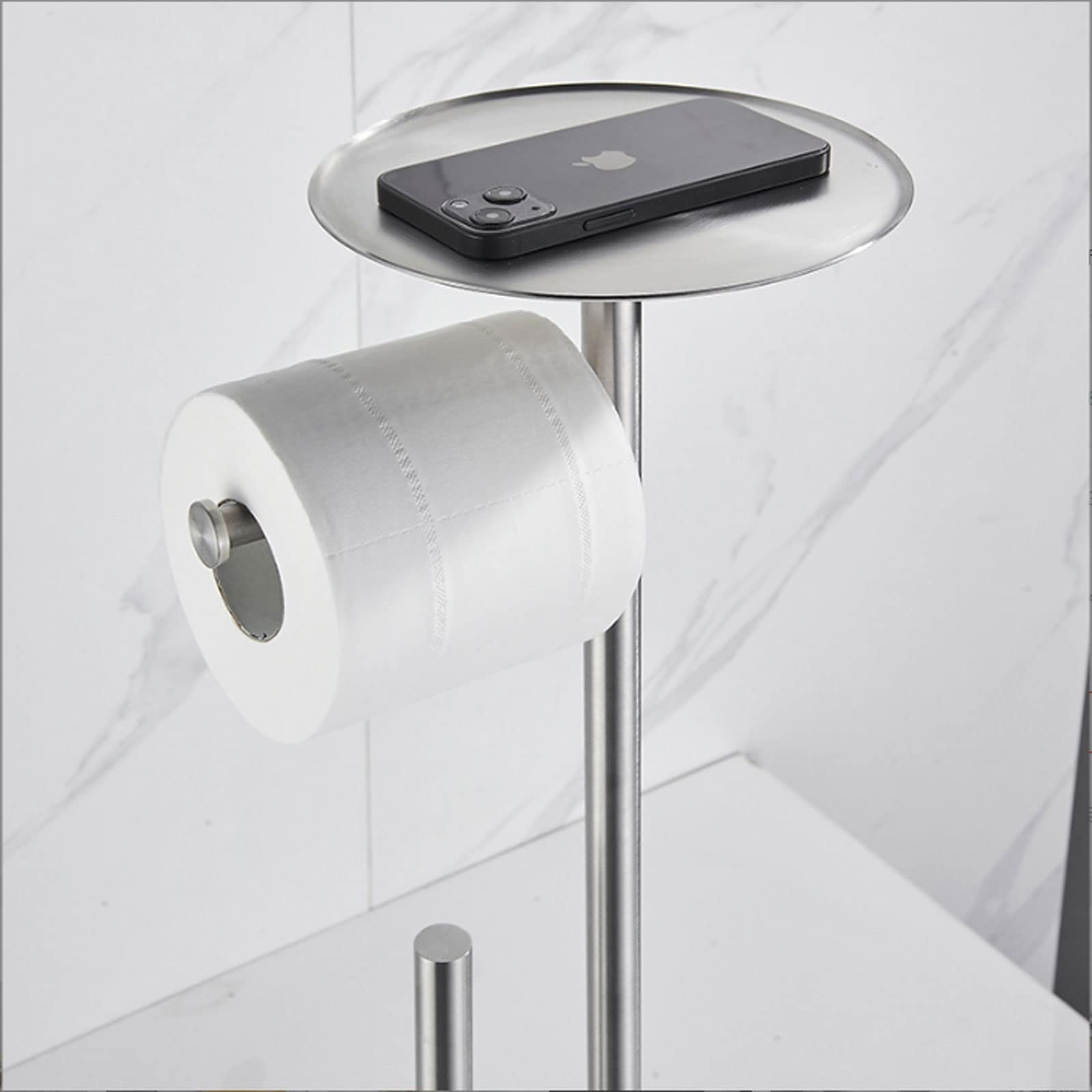 Porta carta igienica autoportante con dispenser di carta igienica in acciaio inox nero e ripiano portaoggetti per l'organizzazione del bagno (nero)