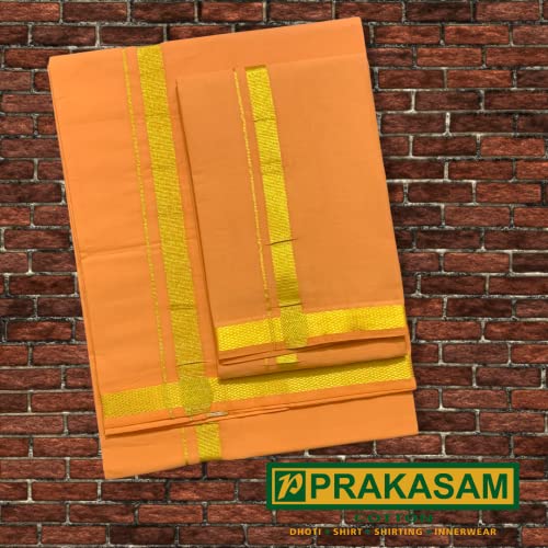 Image of PRAKASAM COTTON Mens Colour Jari Cotton dhoti and Angavastram Set (1.30X2.00 Meter Dhoti, 36X1.80 towel)