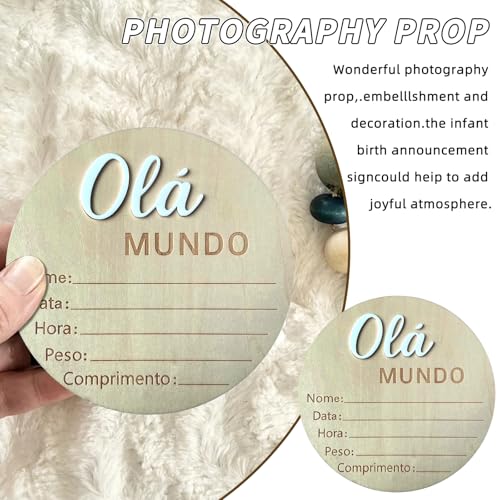 Image of Baby Announcement Sign, 5.9 Inch Wooden Hello World Newborn Signs, inchOla Mundo inch Decoration, Birth Announcement Sign, Welcome Newborn Arrival to World, Hospital Nursery for baby