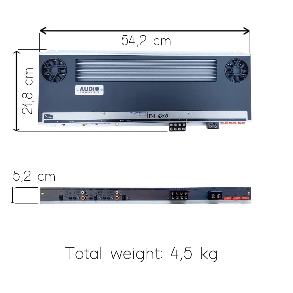 KIT SET PER AUDIO SYSTEM F4-650, 1 amplificatore 4 canali classe ab 4 x 260 watt rms a 2 ohm spl bagagliaio cofano auto, 1 pezzo + 3 sticker omaggio