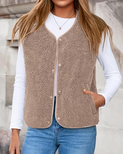 KIRUNDO Women's Fall Winter Fleece Vest 2025 Trendy Sleeveless Sherpa Jacket Button Down Open Front Fuzzy Warm Outerwear3