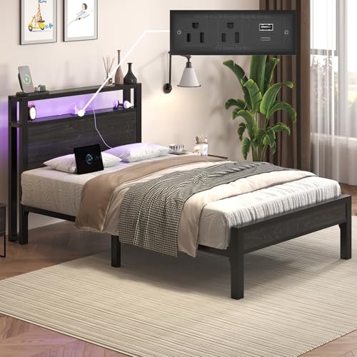 Image of E-Motie Twin Size Bed Frame with LED Lights and Charging Station, Wood Storage Headboard with 2-Tier Shelves, Heavy Duty Metal Slats, No Box Spring Need, Noise Free, Easy Assembly, Black