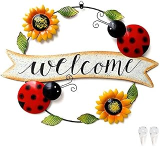 LingLuoFang Metal Sunflower & Bee Welcome Sign Wall Decor, Metal Sunflower & Beetle Wall Art Decor Hanging for Indoor Outdoor Home Garden (Sunflower Red Ladybug)