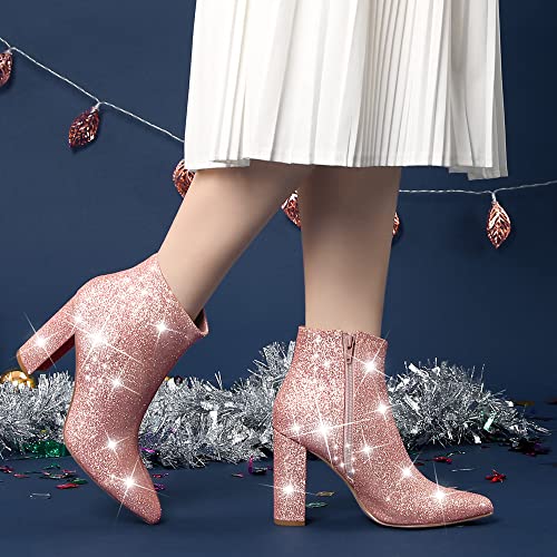 Perphy Glitter Pointed Toe Chunky Heels Sparkly Booties Ankle Boots for Women2