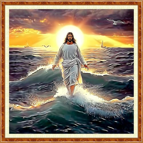 Image of Joyhoor Stamped Cross Stitch Kits for Beginners Needlepoint Kits for Adults Embroidery Kits 11CT Counted Cross Stitch Kits Printed Embroidery Pattern-Sunrise Over Sea with Jesus 18x18 inch
