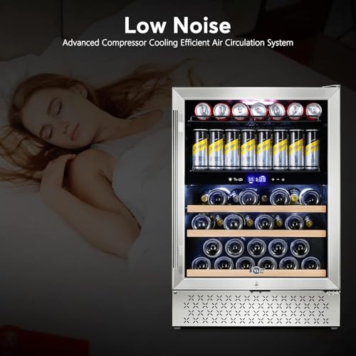 Image of Tylza Wine and Beverage Refrigerator, 24 Inch Dual Zone Wine Fridge Built-in or Freestanding, Holds 100 Cans and 30 Bottles, Under Counter Wine Cellar with Double-Layer Glass Door, LED Light, Lock