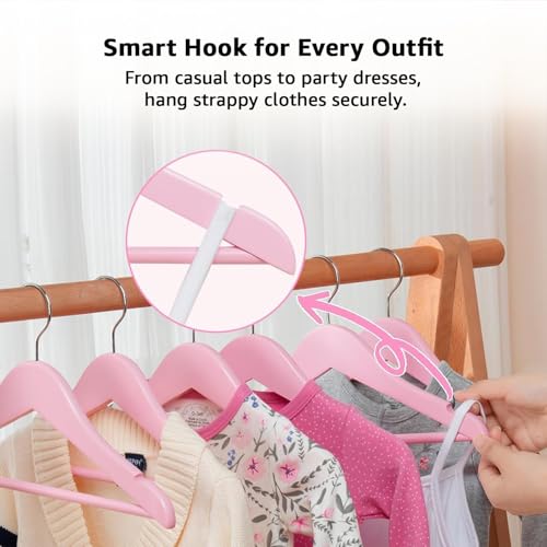 Image of Amazon Basics Wooden Hangers for Kids - Glossy Finish, Chrome Hook, Pant Bar, 2kg Load Capacity, Pack of 10 Blue & 10 Pink, Pack of 20 (Size: 32L x 20H x 1.2W cm)