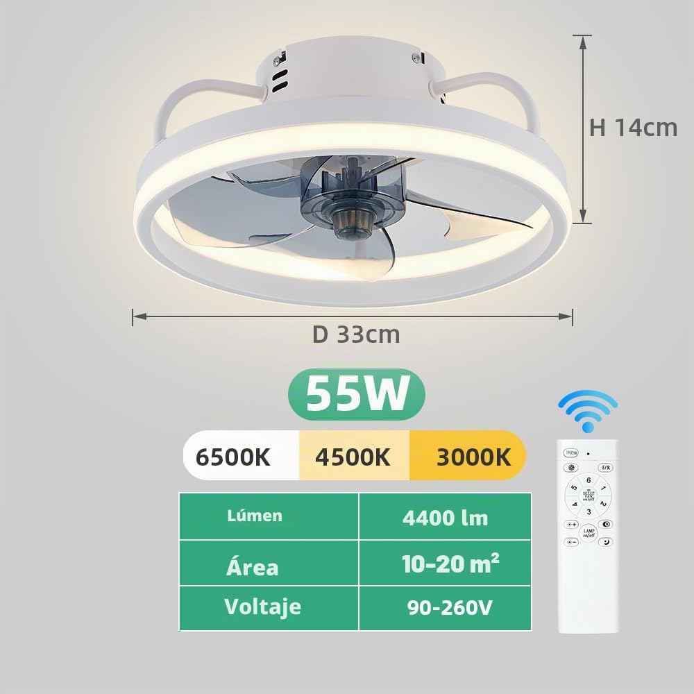 Ventilador silencioso de techo con luz de 33/50 cm, con iluminación y mando a distancia, 6 velocidades, LED regulable 55 W, aplicación inteligente, iluminación silenciosa y moderna para sala de estar