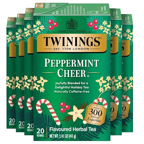 Twinings Peppermint Cheer Herbal Tea Individually Wrapped Bags, 20 Count (Pack of 6), Peppermint &amp; Creamy Vanilla, Naturally Caffeine-Free, Enjoy Hot or Iced, 120 Teabags