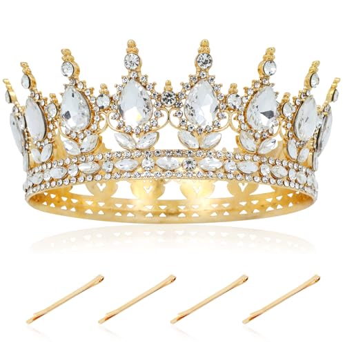 inSowni 1pc Birthday Wedding Bridal Princess Glitter Rhinestone Queen Crown Hair Tiara with 4 Bobby Pins Accessories for Women Girls Brides Bridesmaids (Gold A)