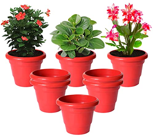 Image of Kuber Industries Solid 2 Layered Plastic Flower Pot|Gamla for Home Decor,Nursery,Balcony,Garden,6 inchx5 inch,Pack of 8 (Red)