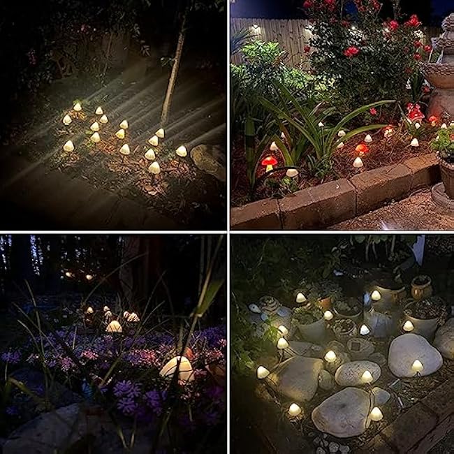 HULPPRE Mushroom Solar Lights-Set of 15pcs 29.5ft Fairy String Light,Warm White 8 Modes Outside Solar Pathway Lighting,Outdoor Decoration for Garden,Backyard,Lawn,Party,Christmas