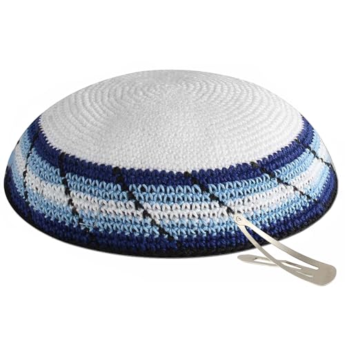 Zion Judaica Knit Quality Kippah Srugah Blue and White Israeli Yamaka Knitted Yarmalke Bulk Packs Kippot Srugot or Single Kippa Kipa Hair Clips Included Mizrachi Kipah Handmade