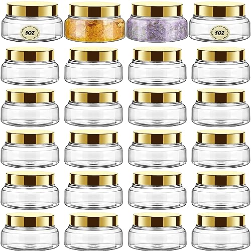 Tessco for you 24 Pack Plastic Jars with Lids Labels Multiuse Slime Containers Empty Body Scrub Jars Round Refillable Cosmetic Body Butter Container for Makeup (5 oz,Gold)