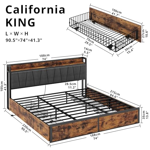 Image of LIKIMIO California King Bed Frame with 4 Storage Drawers, Platform Bed with Charged Headboard, Sturdy and Stable, No Noise, No Box Spring Needed, Easy to Install, Vintage Brown and Gray