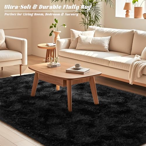 Black Rugs for Bedroom 4x5.9 ft - Ultra Soft Faux Fur Area Rug - Plush Non-Slip Shaggy Carpet for Living Room, Cozy Fluffy Rug for Kids Boys Girls Dorm Nursery Room, High Pile Floor Carpet