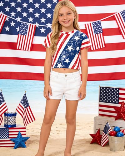 Image of DDSOL Girls July 4th Crop Tops Patriotic Shirt American Flag Short Sleeve Tshirts for Girl 6-14 Years
