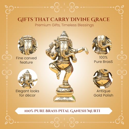 Image of Ekhasa 100% Pure Brass Ganesha Idol with Gift Box | Pital Ganpati Murti Vinayagar Statue for Pooja Room Home Decor Office Desk | Religious Housewarming Griha Pravesh Wedding Gift