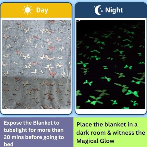 Image of Happy Hues Butterfly Glow in The Dark Blanket-200 x 150 cm- Super Soft Fluffy Flannel Fleece All Season Blanket for Babies-Toddlers-Kids & Teen Boys & Girls-Gifting Ideas for 0-15 Years- Grey