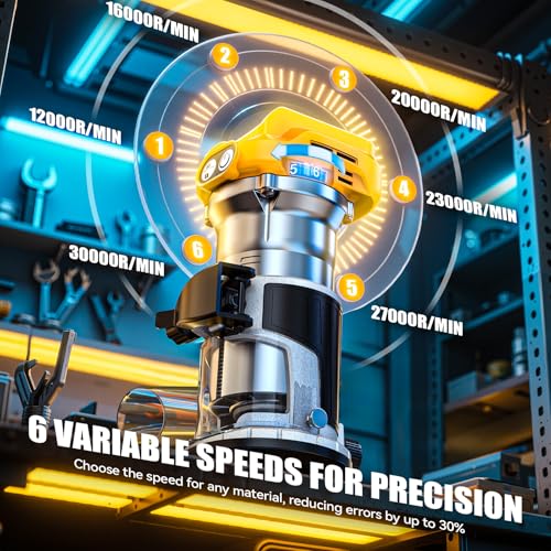 Cordless Compact Router Compatible with DeWalt 20V Battery, With 15Pcs Router Bits 6 Variable Speeds for Woodworking, 800W Fixed Base Wood Router With Trim Bits, Edge & Roller Guide