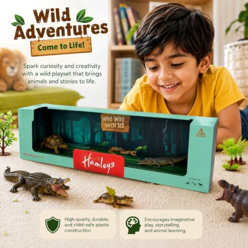 Image of Hamleys Wild Wild World Animal Figurines Pack of 5 | Lion, Elephant, Giraffe, Deer & Panda | Realistic Safari Wild Animal Toy Figures for Kids 3Y+