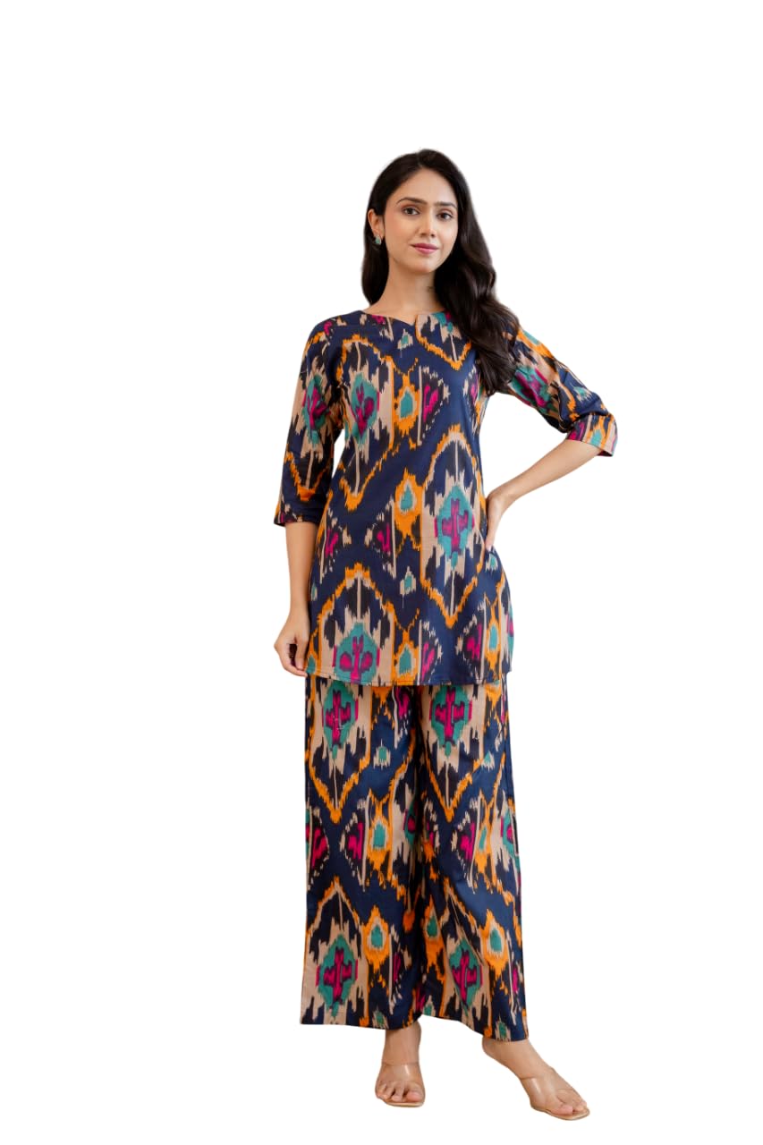 The Souled Store Women's Ikat Print Co-ord Set, Navy Blue with Multicolor Pattern, Kurta with Palazzo Pants in navy