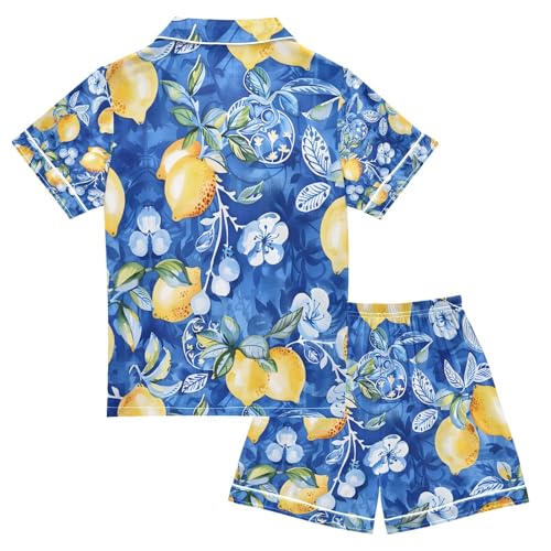 senya Watercolor Lemon Blue Satin Summer Pajama Sets Silk Short Sleeve Button Down Sleepwear2