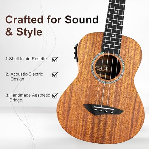 Image of 26 inch Caramel CT402 All Solid Mahogany Tenor Ukulele LCD color display Electric Uke Beginners Guitar Starter Pack Bundle Gig bag Strap Ukelele Set