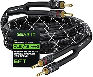 GearIT 12AWG Speaker Cable Wire with Gold-Plated Banana Tip Plugs (6 Feet) in-Wall CL2 Rated, Heavy Duty Braided, 99.9% Oxygen-Free Copper (OFC) - Black, 6ft
