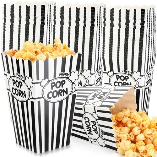 Image of Xinnun 100 Pcs Popcorn Boxes 32oz Classic Stripe Paper Buckets Disposable Oil Proof Popcorn Container Retro Open Top Box for Movie Night Supplies Theaters Carnival Birthday Party(Black and White)