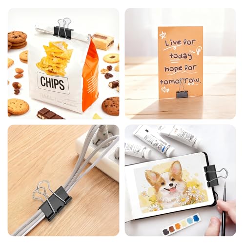 OWLKELA 120 Stück Foldback Klammern, 15/19/25/32mm Papierklammern, Schwarz Metall Binder Clips, Vielzweckklammern für Büro, Schule und Haushalt