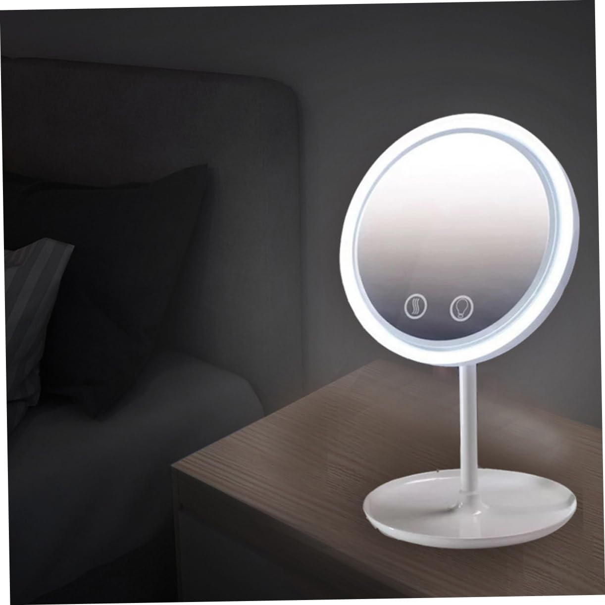 Specchio Trucco da Tavolo LED Rotante 180° con Base Stabile | Abs Bianco, Design con Ventilatore Integrato, Festa Estiva, Uso in Camera da Letto e Soggiorno