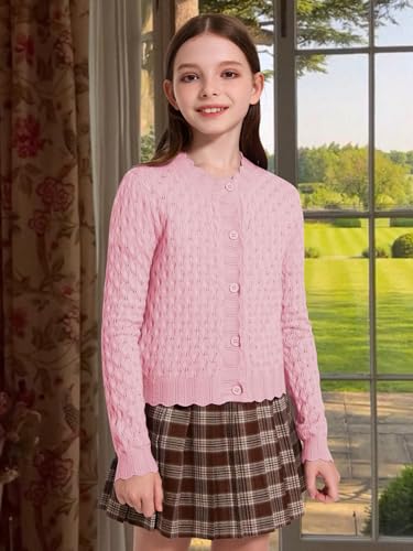 YKR Girls Cardigan Sweaters Long Sleeve Cable Knitted Cropped Sweater Button Closure Tops 5-12Y3