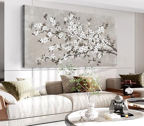 Image of VEAEE White Blossom Branches Wall Art, Floral Canvas Prints, Living Room Decor Abstract Flowers Painting Canvas Pictues, Contemporary Artwork Bedroom Office Kitchen Wall Decor Ready to Hang 24 inchx48 inch