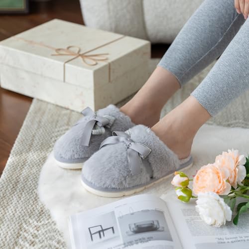 Image of GOEWY Cute Women's Memory Foam House Slippers - Fuzzy Plush Faux Fur Slippers with Bow Butterfly Tie - Anti-Skid Indoor /Outdoor Gifts for Women, Moms & Ladies