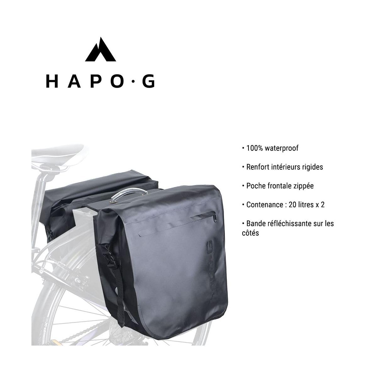 Hapo-G - Sacoche vélo Porte Bagage arrière - Sacoche arrière à Pont Waterproof - Accessoire Velo Electrique (VAE), VTT, VTC,Ville - Capacité de 40L, 2x20L - Noir - 34 x 16 x 35 cm