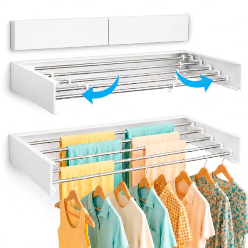 Marctani Tendedero Extensible Pared Ahorra Espacio   Tendederos Plegables ANTIOXIDANTES Interior o Exterior   Tendal Plegable Resistente 24 Pinzas   Tenderete de Ropa (Blanco, 120 CM)