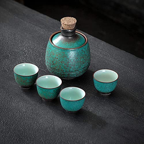 Ceramiczny japoński zestaw do sake z podgrzewaczem – zawiera 4 szklanki do sake, butelkę do serwowania i miskę grzewczą do codziennych napojów